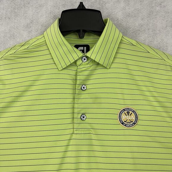 Footjoy PGA Golf Polo Shirt Mens Medium Lime Green Striped Embroidered Crest - Picture 9 of 16